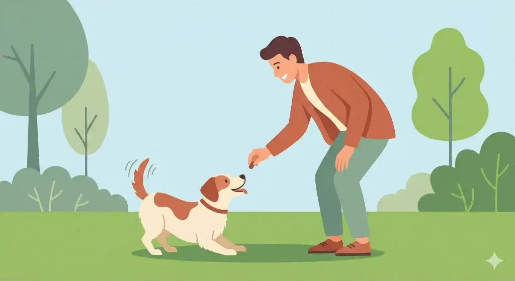 Illustrazione vettoriale flat design di un cane felice che ha appena fatto i bisogni sull'erba al parco e riceve un premio dal proprietario sorridente.
