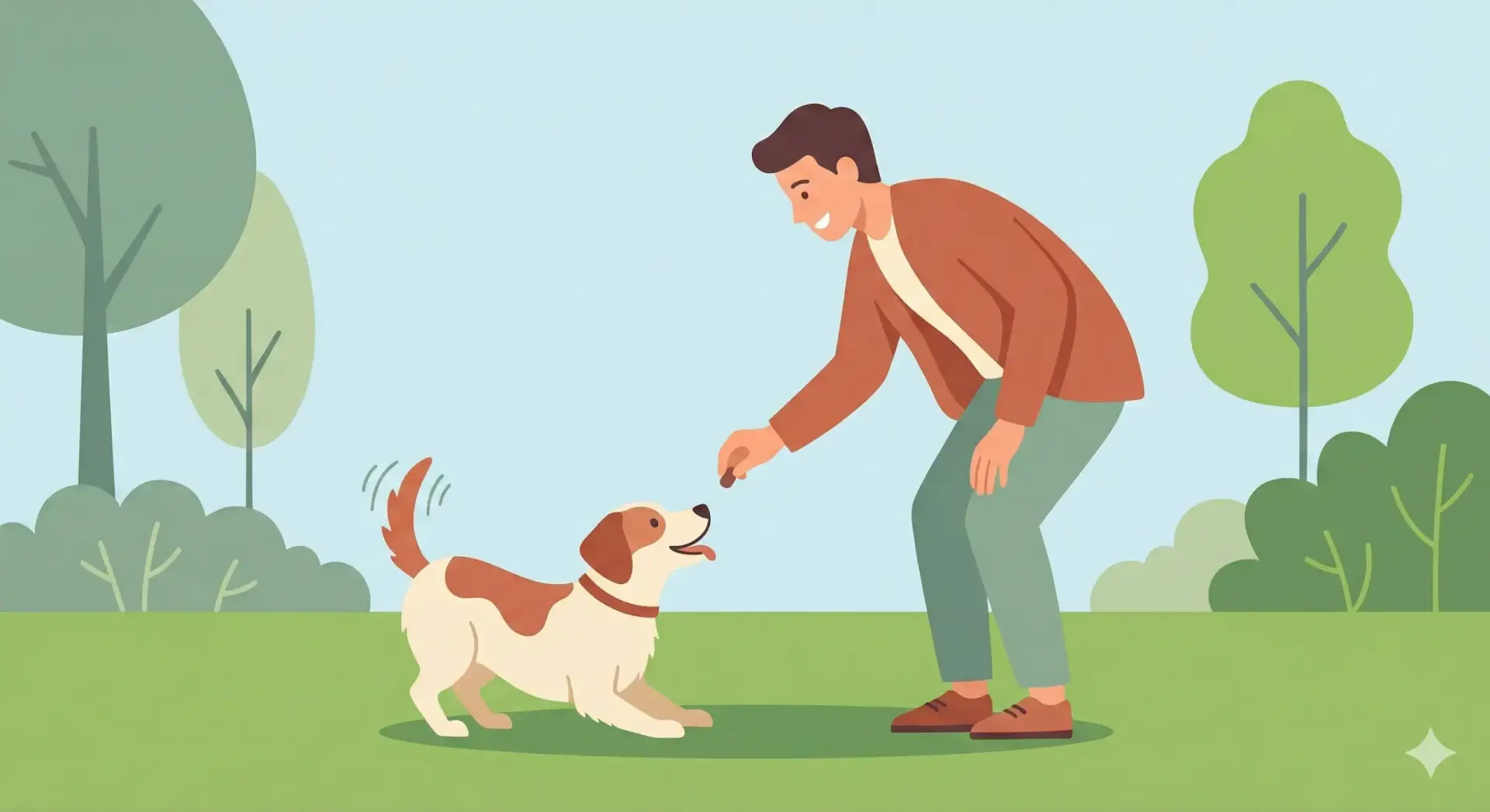 Illustrazione vettoriale flat design di un cane felice che ha appena fatto i bisogni sull'erba al parco e riceve un premio dal proprietario sorridente.