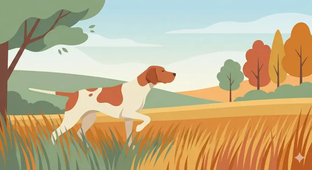 Illustrazione vettoriale flat design di un cane da caccia in posa di ferma in un campo aperto, concentrato e in sintonia con la natura.