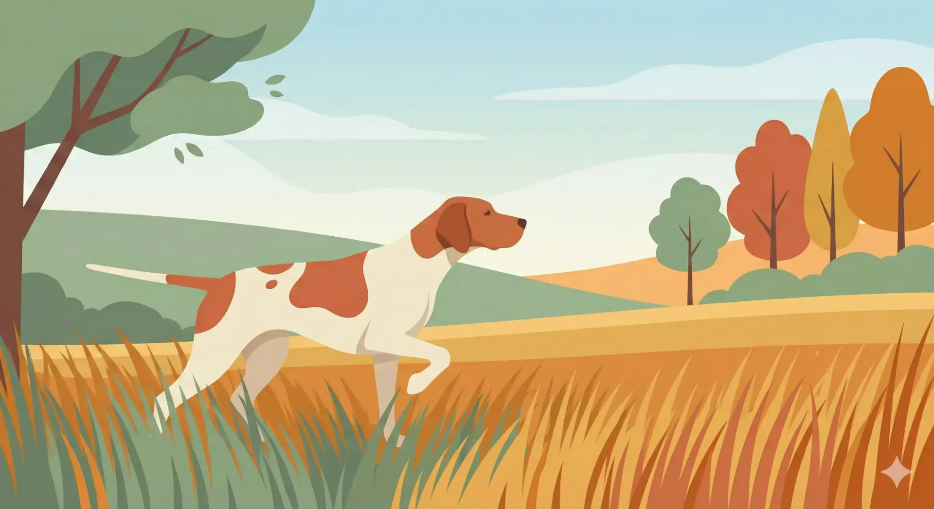 Illustrazione vettoriale flat design di un cane da caccia in posa di ferma in un campo aperto, concentrato e in sintonia con la natura.