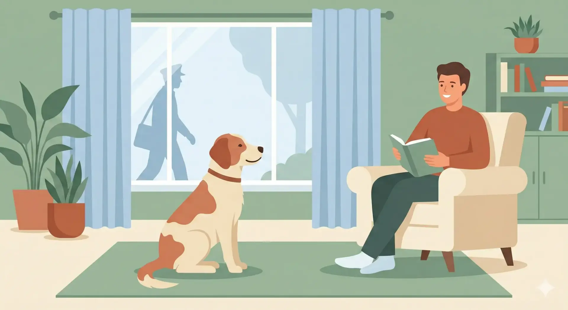 Illustrazione vettoriale flat design di un cane seduto tranquillamente davanti a una finestra, che guarda fuori senza abbaiare, con il proprietario rilassato sullo sfondo.