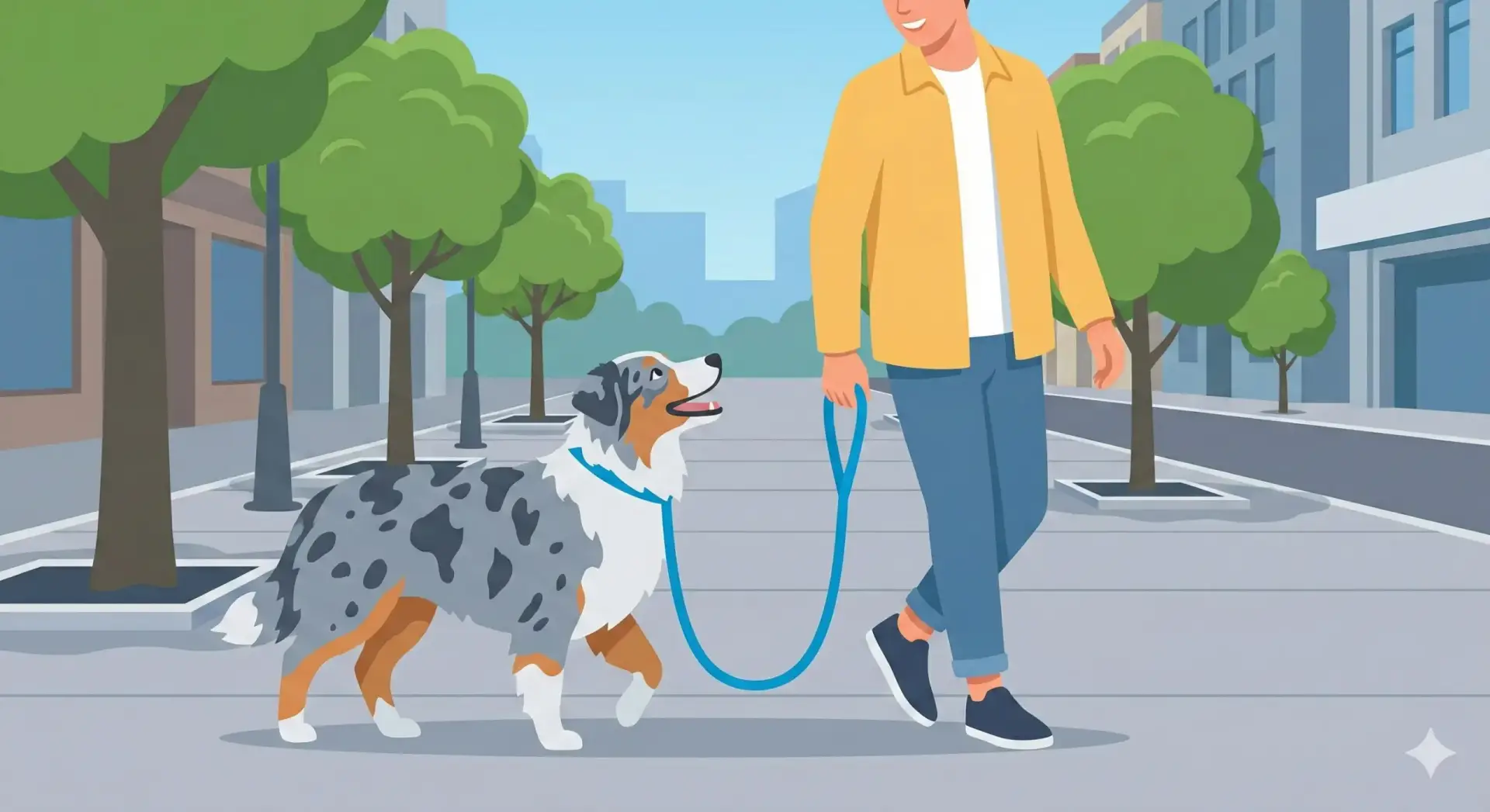 Illustrazione vettoriale flat design di un cane che cammina perfettamente al piede del proprietario guardandolo negli occhi.