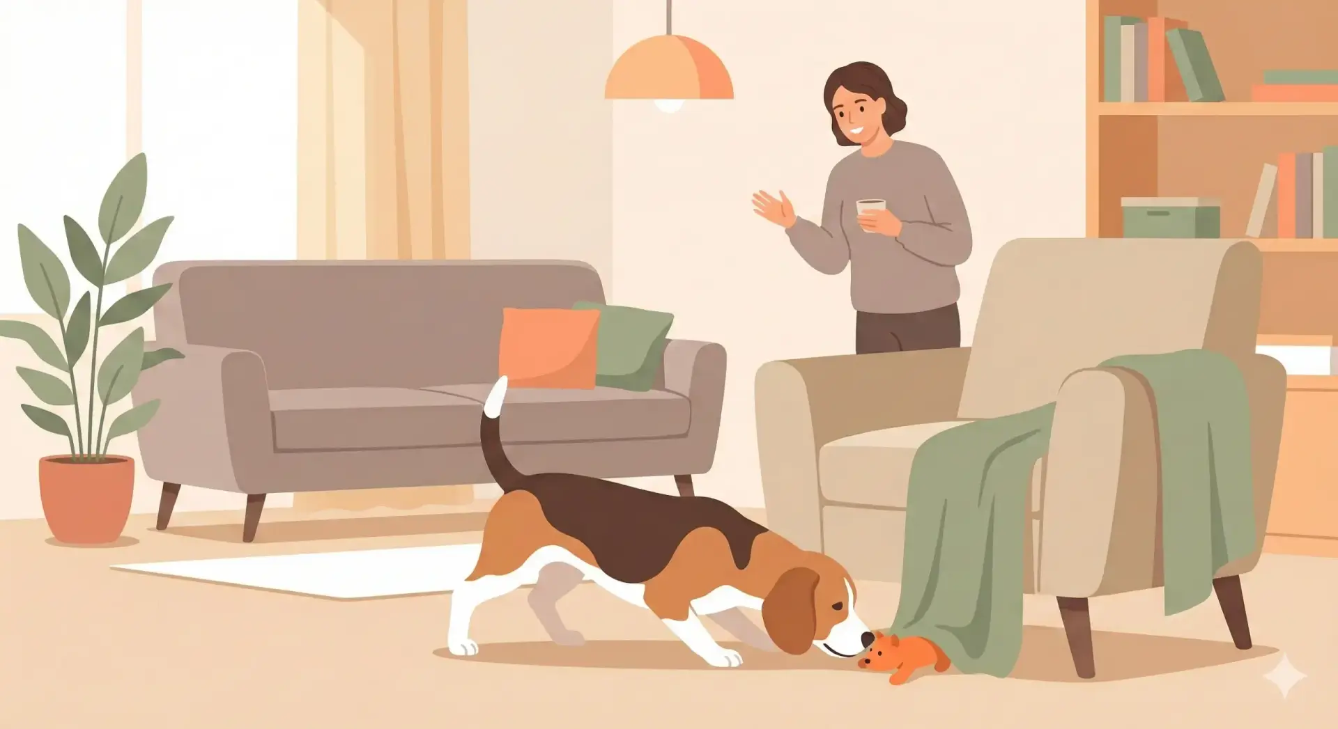 Illustrazione vettoriale flat design di un cane che annusa concentrato sotto un divano cercando un gioco mentre il proprietario osserva sorridente.