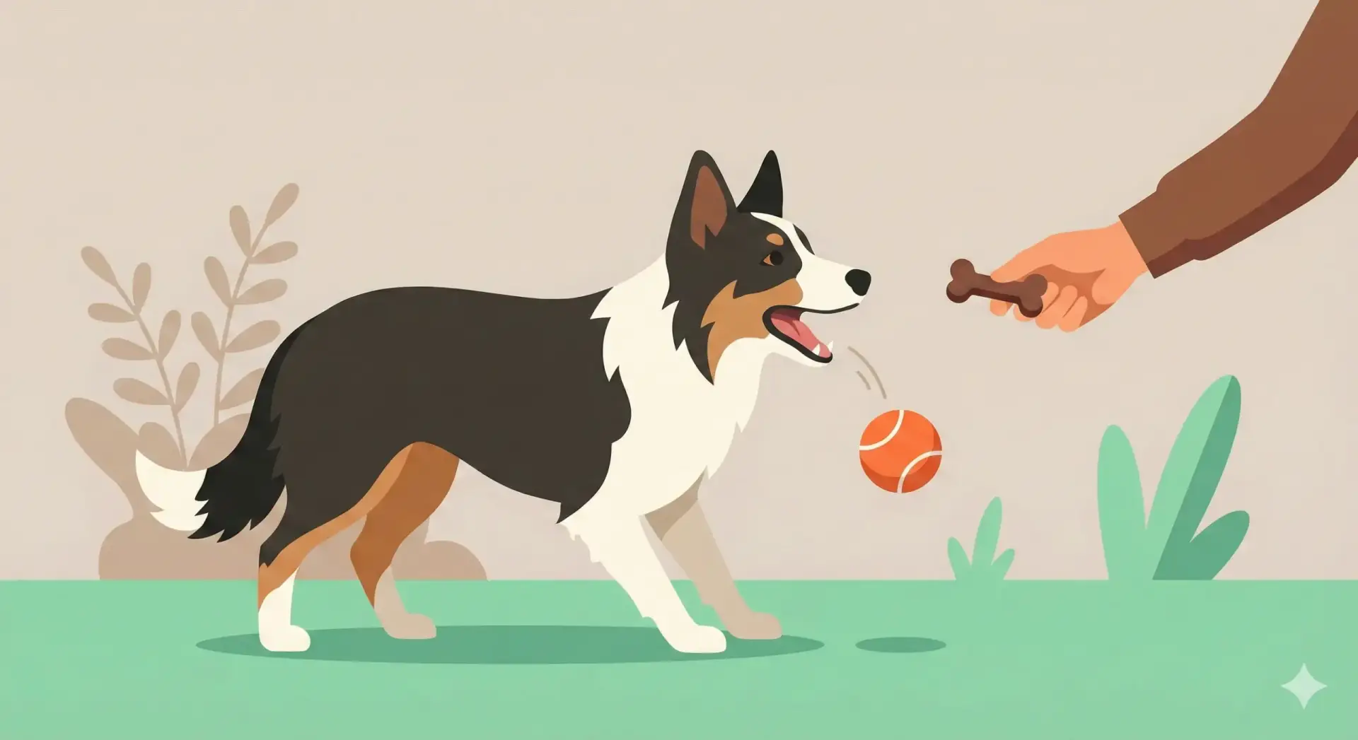 Illustrazione vettoriale flat design di un cane che lascia cadere un gioco dalla bocca per prendere un premio offerto dal proprietario.