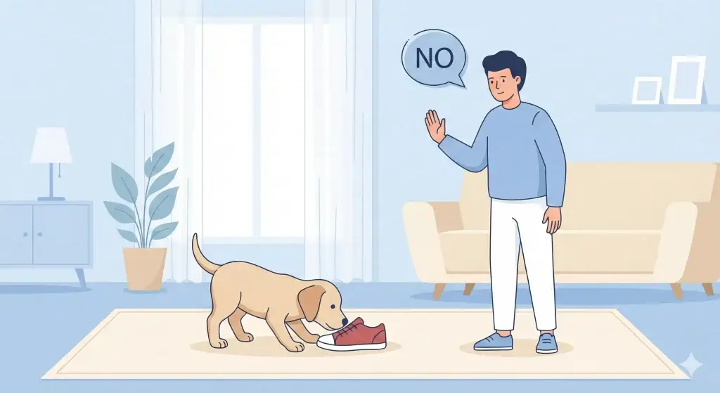 Illustrazione vettoriale flat design di un proprietario che ferma gentilmente il cane con un gesto della mano e il comando No.