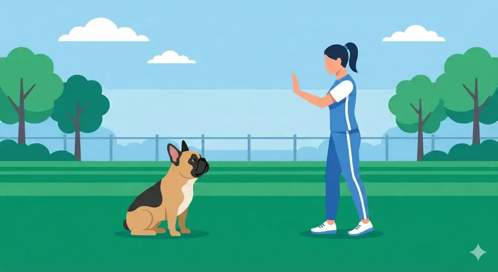 Illustrazione vettoriale flat design di un cane seduto immobile mentre il proprietario si allontana facendo il segnale di stop con la mano.