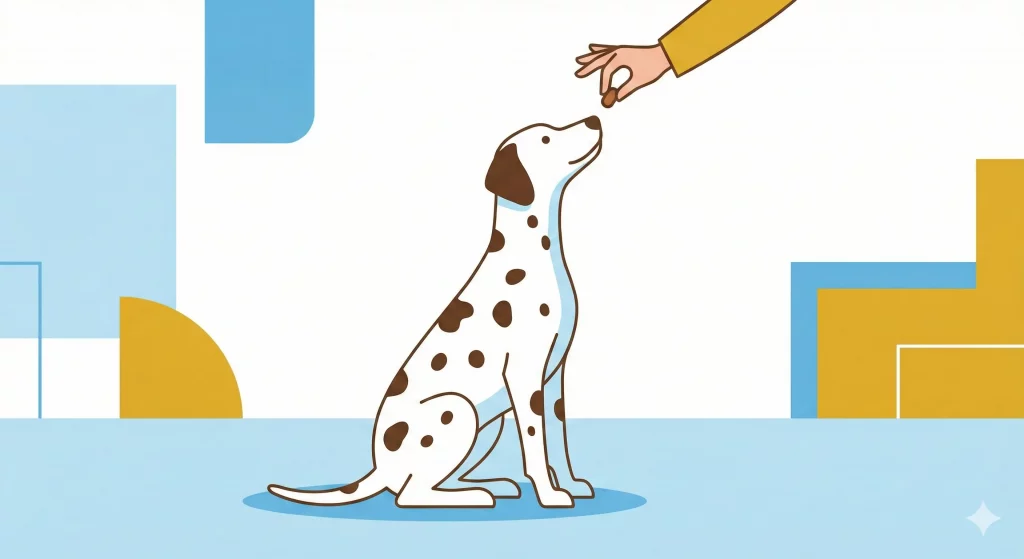 Illustrazione vettoriale flat design di un cane che esegue il comando seduto guardando in alto verso la mano del proprietario che tiene un premio.