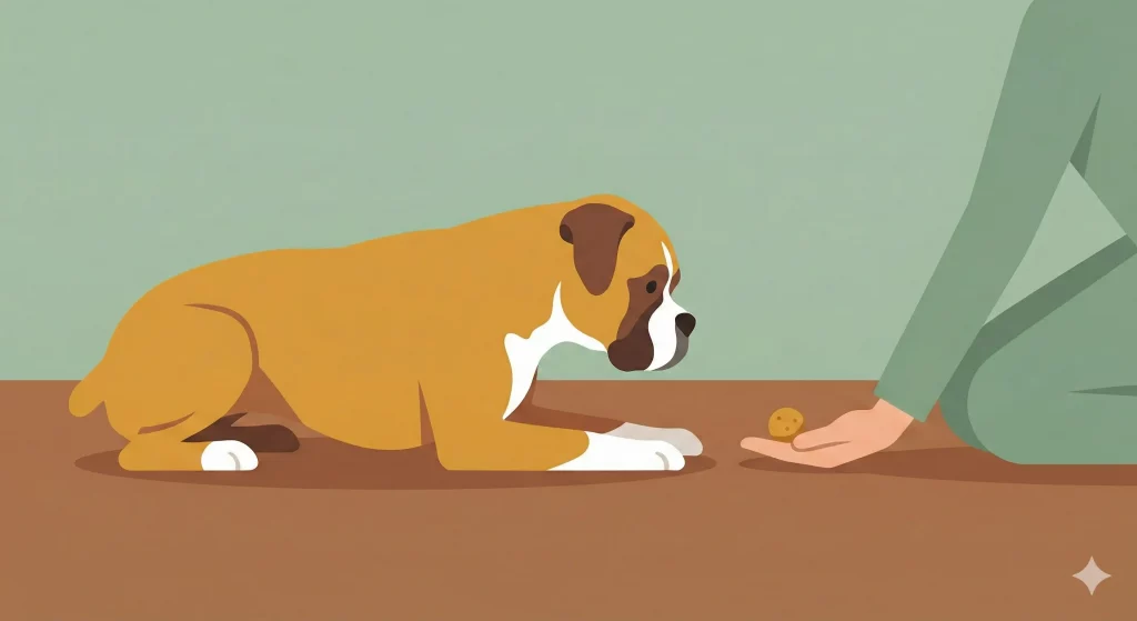 Illustrazione vettoriale flat design di un cane che esegue il comando terra seguendo la mano del proprietario che tiene un premio.