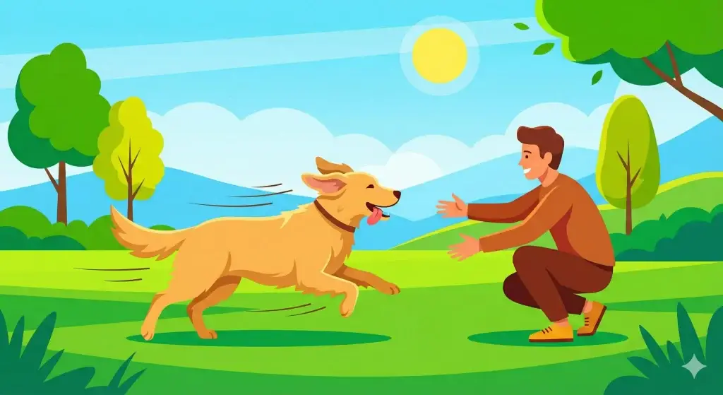 Illustrazione vettoriale flat design di un cane che corre felice verso il proprietario che lo accoglie a braccia aperte in un parco.