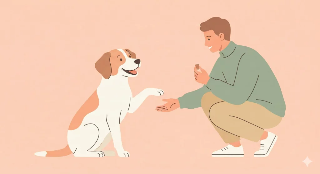 Illustrazione vettoriale flat design di un cane seduto che dà la zampa al proprietario in cambio di un premio.