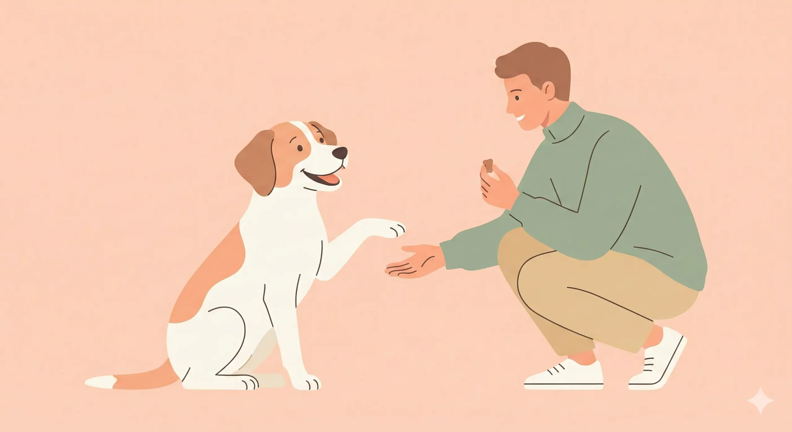 Illustrazione vettoriale flat design di un cane seduto che dà la zampa al proprietario in cambio di un premio.