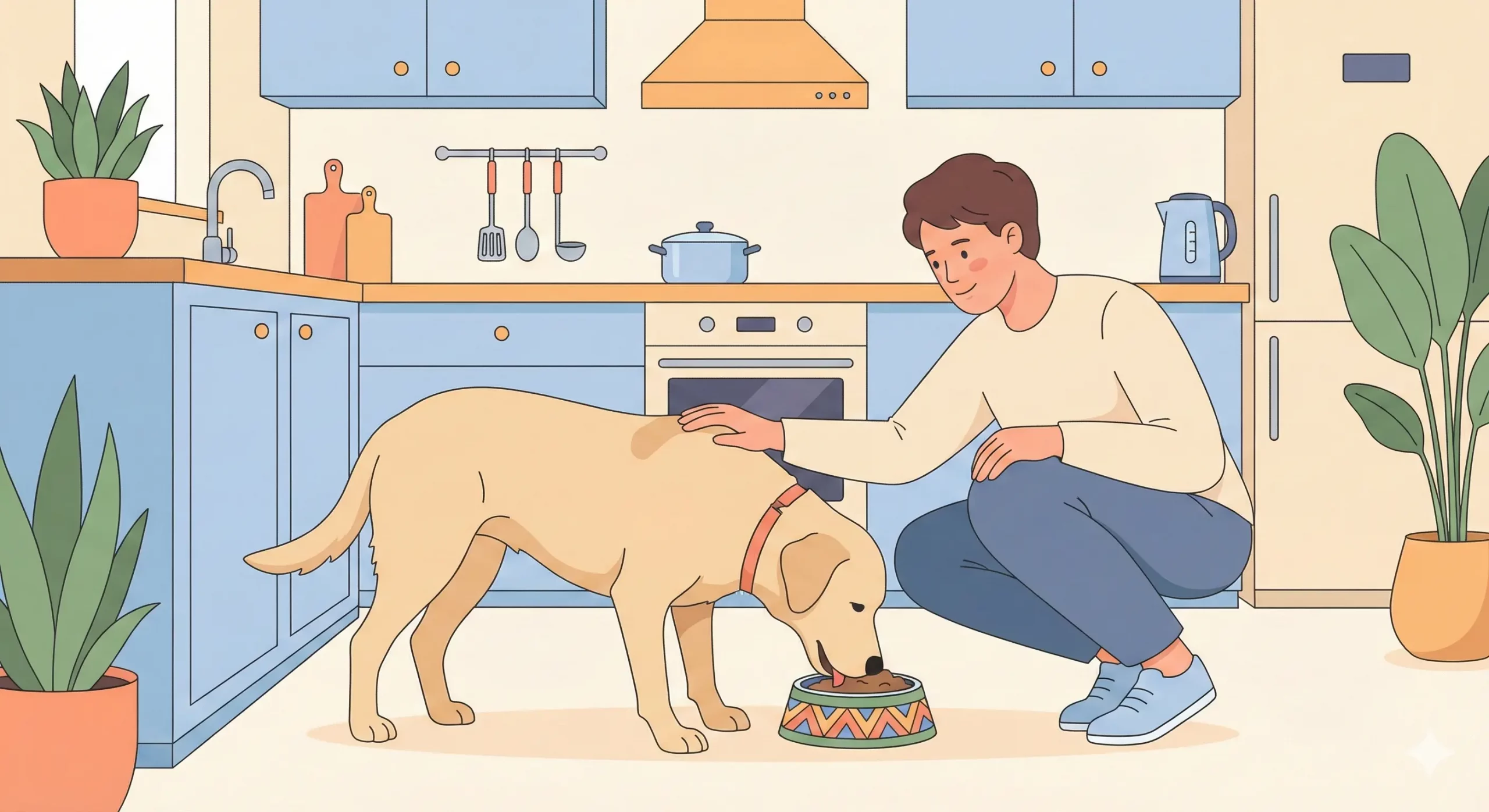 Un'illustrazione moderna in stile piatto di un proprietario premuroso che osserva il suo cane mentre mangia tranquillamente dalla ciotola in una cucina luminosa.