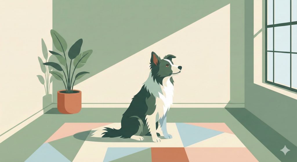 Cane incuriosito che fissa un angolo della stanza in un soggiorno luminoso.