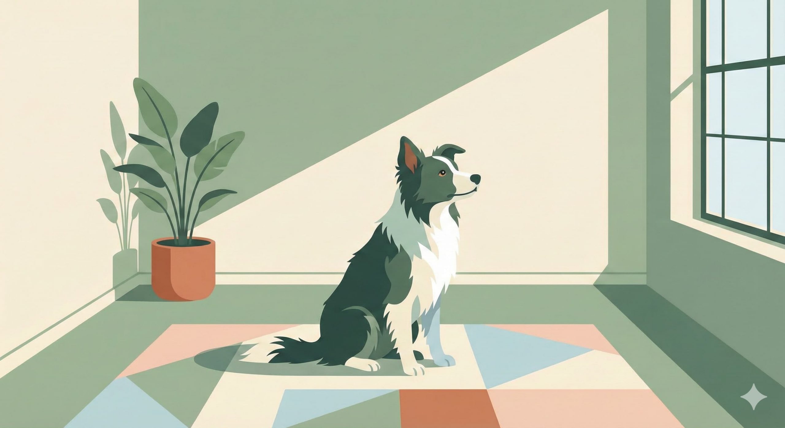 Cane incuriosito che fissa un angolo della stanza in un soggiorno luminoso.