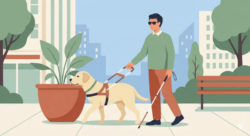 Illustrazione vettoriale flat design di un cane guida con pettorina che accompagna una persona non vedente su un marciapiede cittadino, evitando un ostacolo.