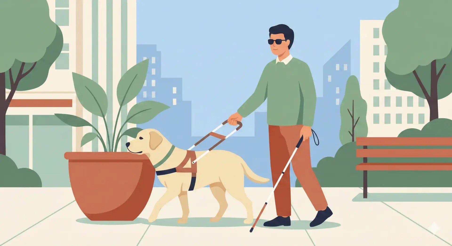 Illustrazione vettoriale flat design di un cane guida con pettorina che accompagna una persona non vedente su un marciapiede cittadino, evitando un ostacolo.
