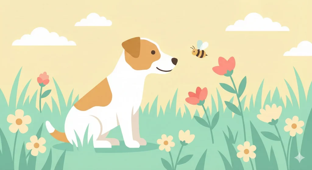 Un'illustrazione vettoriale moderna che mostra un cane curioso che osserva un'ape in un prato, con uno stile flat design e colori pastello.