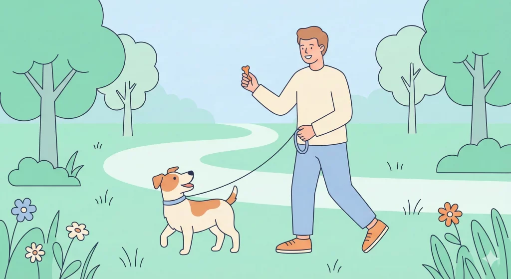 Un'illustrazione vettoriale moderna in stile piatto che mostra un proprietario che distrae dolcemente il suo cane con un premio durante una passeggiata nel parco.