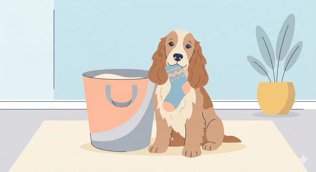 Illustrazione vettoriale di un cane con un calzino in bocca in un ambiente domestico dai colori pastello.