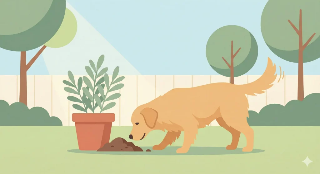 Un'illustrazione vettoriale moderna in stile piatto che mostra un cane curioso in un giardino stilizzato vicino a un piccolo cumulo di terra, in un'atmosfera serena dai colori pastello.