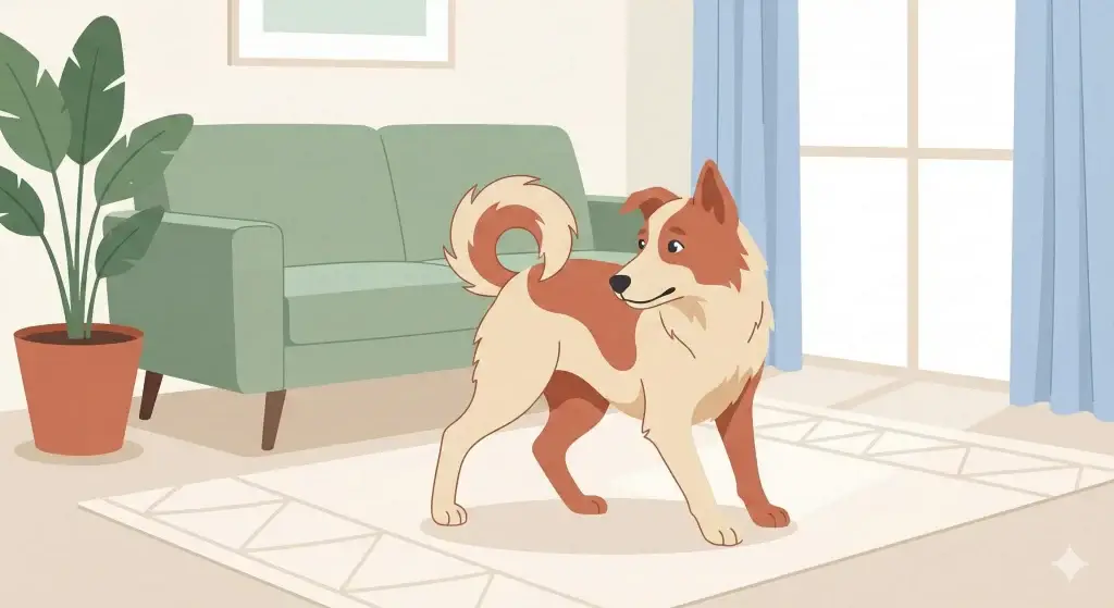 Illustrazione vettoriale di un cane che gira su se stesso guardando la propria coda in un soggiorno moderno, rappresentazione di comportamento compulsivo o gioco.