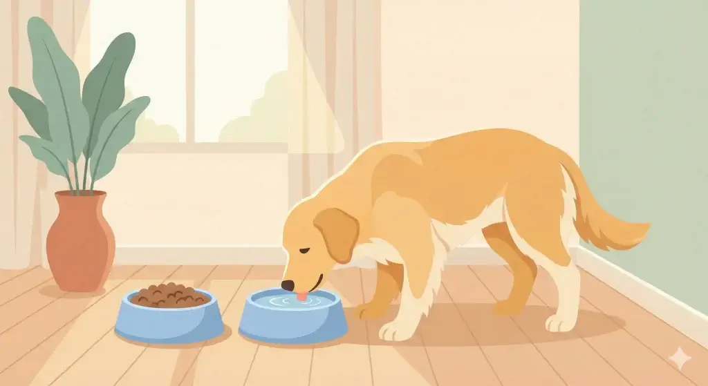 Un’illustrazione dai toni caldi che ritrae un cane seduto con aria tranquilla accanto alla sua ciotola dell’acqua in un angolo luminoso della casa. Sullo sfondo, una ciotola di crocchette rimane in disparte su un tappeto dai colori neutri, mentre la luce del pomeriggio crea un’atmosfera rassicurante e domestica attraverso una finestra stilizzata.