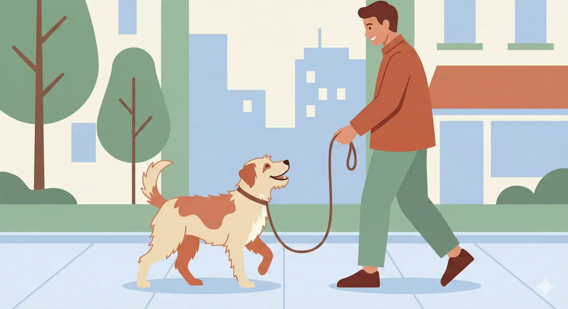 Illustrazione vettoriale in stile flat design di un cane che cammina serenamente al guinzaglio morbido a fianco del proprietario in un contesto urbano tranquillo.