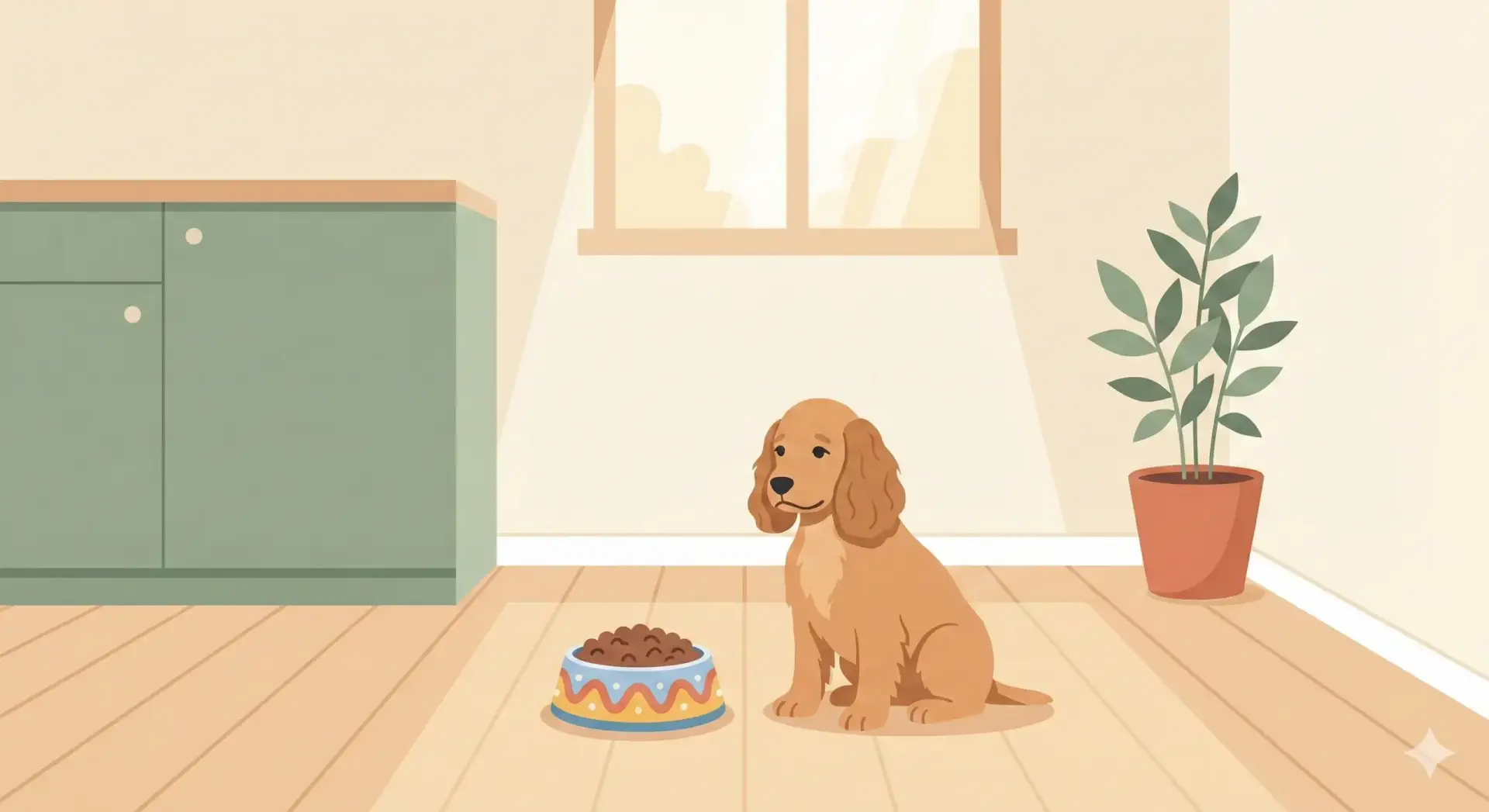 Un cagnolino seduto con aria pensierosa osserva una ciotola piena di crocchette su un pavimento di legno chiaro, circondato da un ambiente domestico accogliente e rilassato.