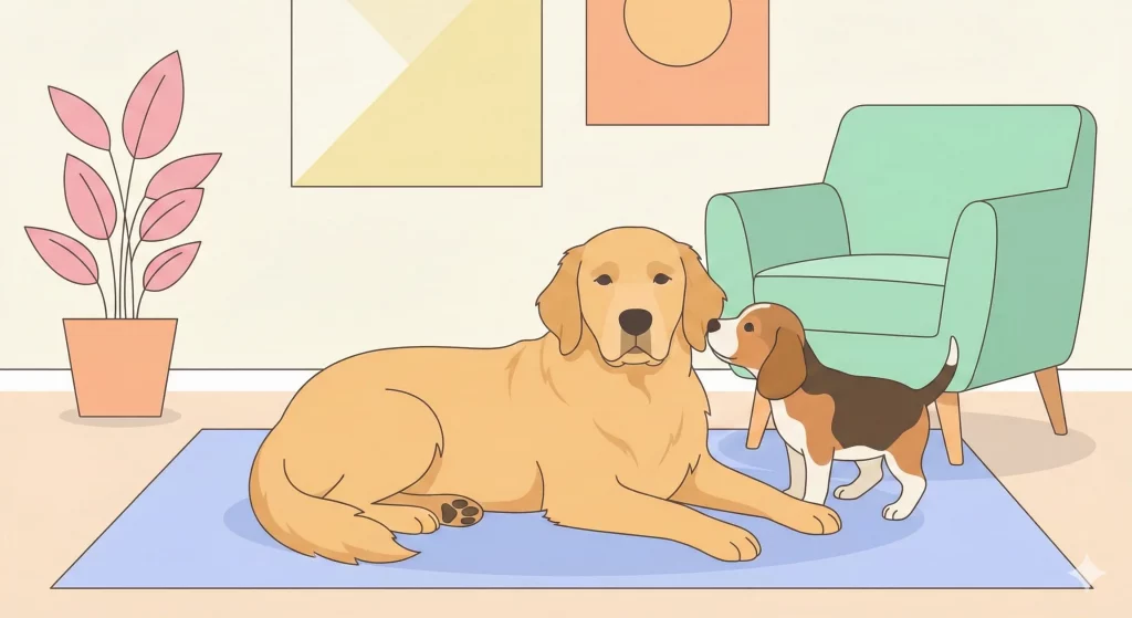 Un'illustrazione moderna in stile piatto che mostra un cane adulto calmo e un cucciolo curioso che interagiscono in un soggiorno dai colori pastello.