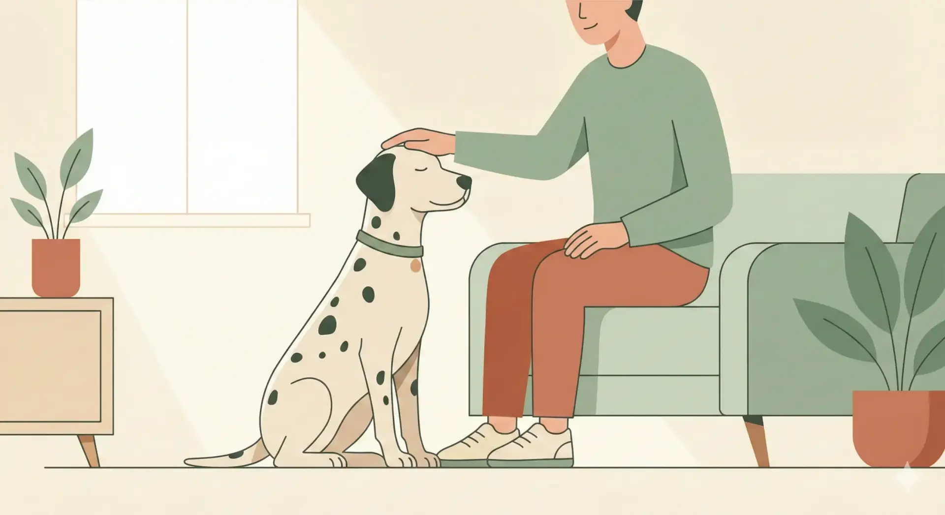 Illustrazione stilizzata di un cane e del suo proprietario che interagiscono con fiducia e calma in un ambiente domestico dai colori pastello.