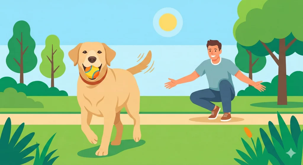 Illustrazione vettoriale flat design di un cane felice che riporta una pallina al proprietario in un parco.