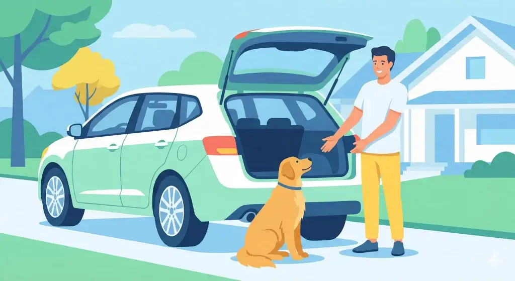 Illustrazione vettoriale flat design di un cane seduto davanti al bagagliaio aperto dell'auto in attesa del comando del proprietario.