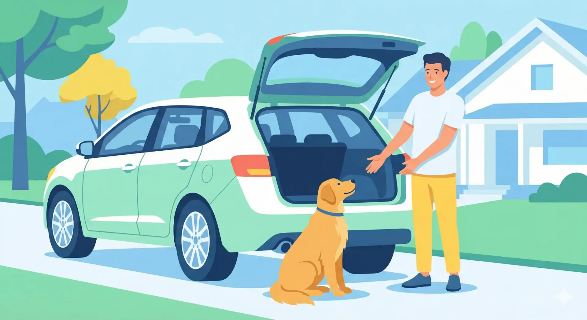 Illustrazione vettoriale flat design di un cane seduto davanti al bagagliaio aperto dell'auto in attesa del comando del proprietario.