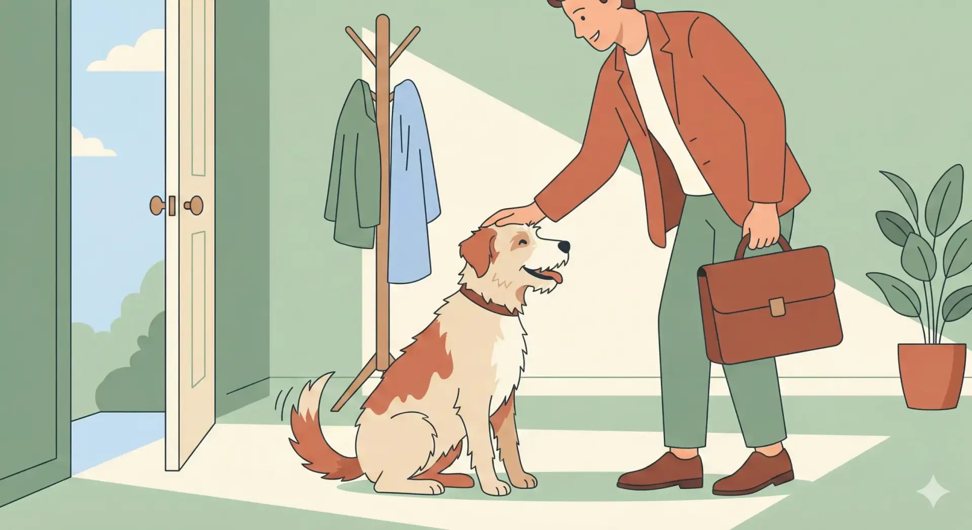 Illustrazione vettoriale flat design di un cane seduto compostamente che riceve una carezza dal proprietario appena rientrato in casa, invece di saltargli addosso.