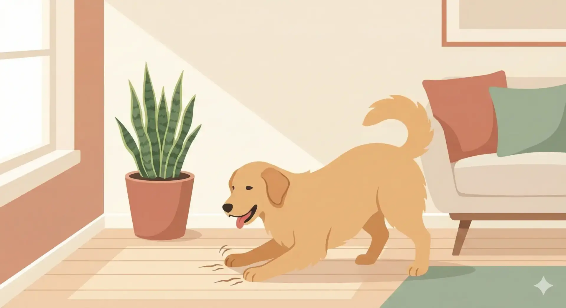Un'illustrazione moderna in stile piatto che ritrae un cane simpatico intento a grattare il pavimento di casa in un ambiente luminoso dai colori pastello.