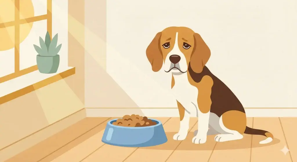 Un'illustrazione delicata che mostra un Beagle dall'espressione malinconica seduto accanto a una ciotola azzurra ancora colma di cibo. La scena è ambientata in una cucina minimalista inondata di luce calda, con pareti color panna e una piccola pianta verde che dona un tocco di vitalità all'ambiente tranquillo.