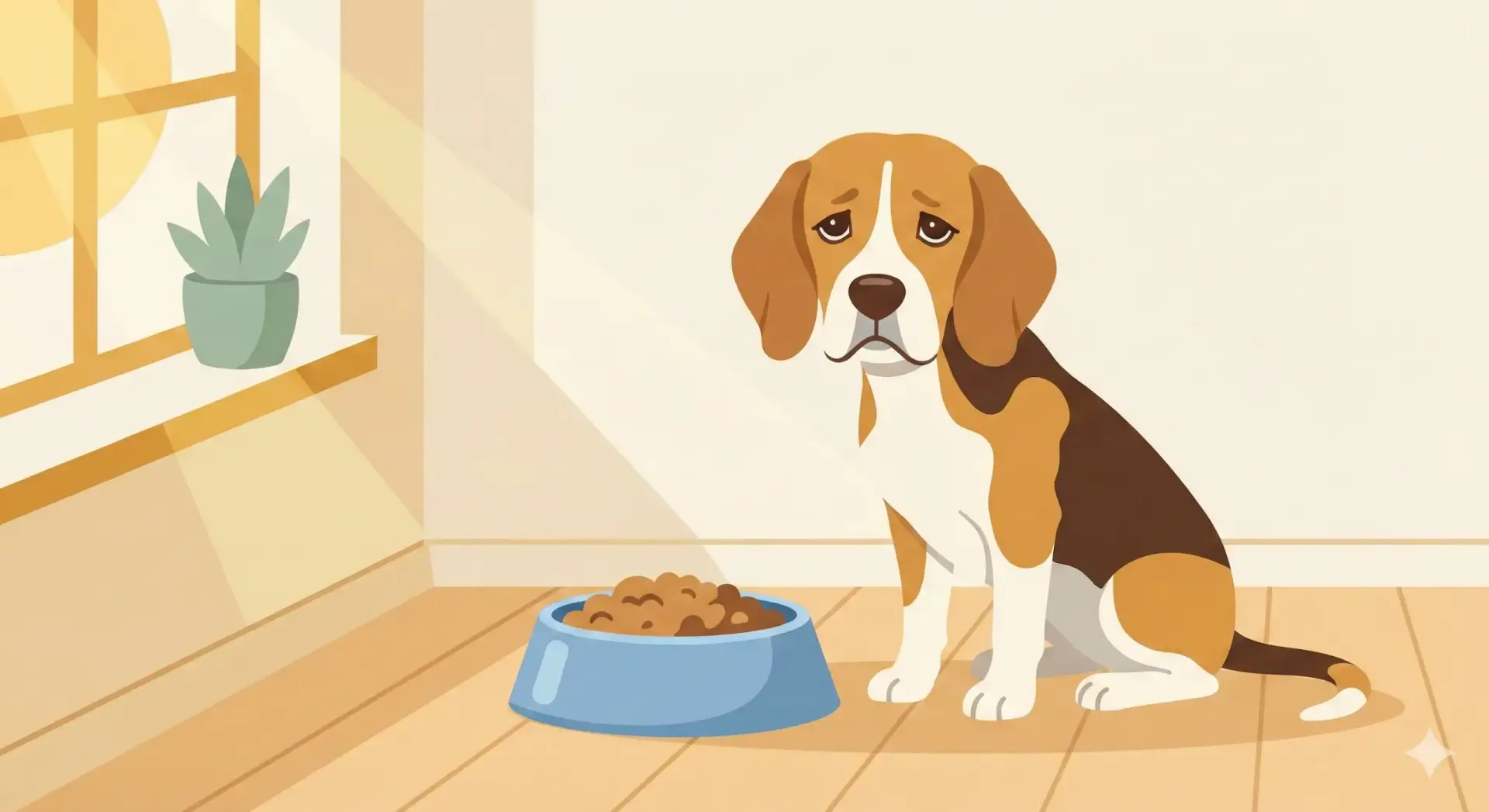 Un'illustrazione delicata che mostra un Beagle dall'espressione malinconica seduto accanto a una ciotola azzurra ancora colma di cibo. La scena è ambientata in una cucina minimalista inondata di luce calda, con pareti color panna e una piccola pianta verde che dona un tocco di vitalità all'ambiente tranquillo.