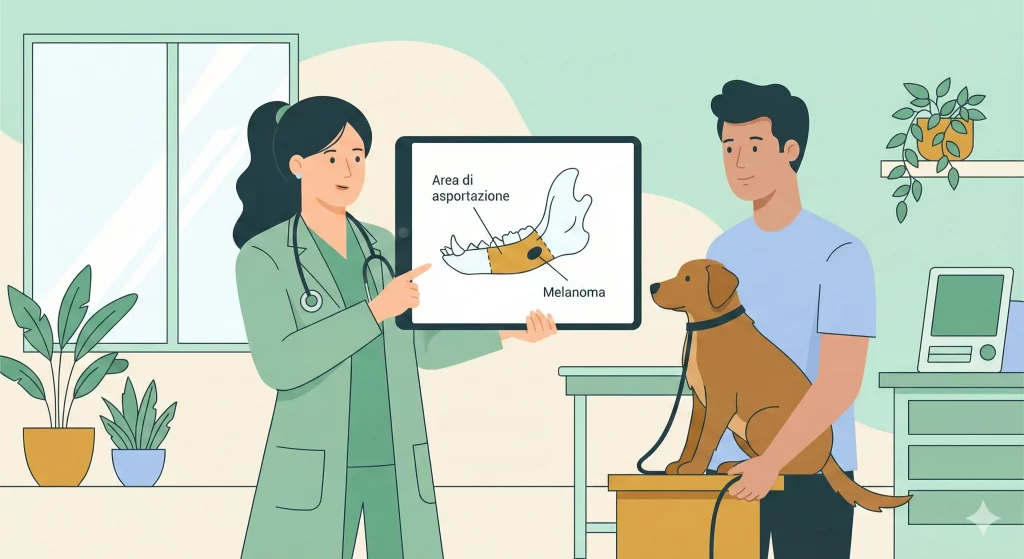 Veterinaria chirurga che spiega la mandibulectomia a un proprietario usando un tablet in clinica.