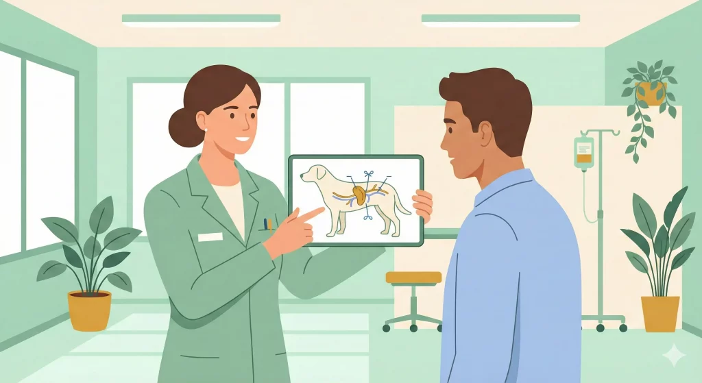 Veterinario che spiega la procedura di splenectomia e i vasi sanguigni coinvolti a un proprietario in clinica.