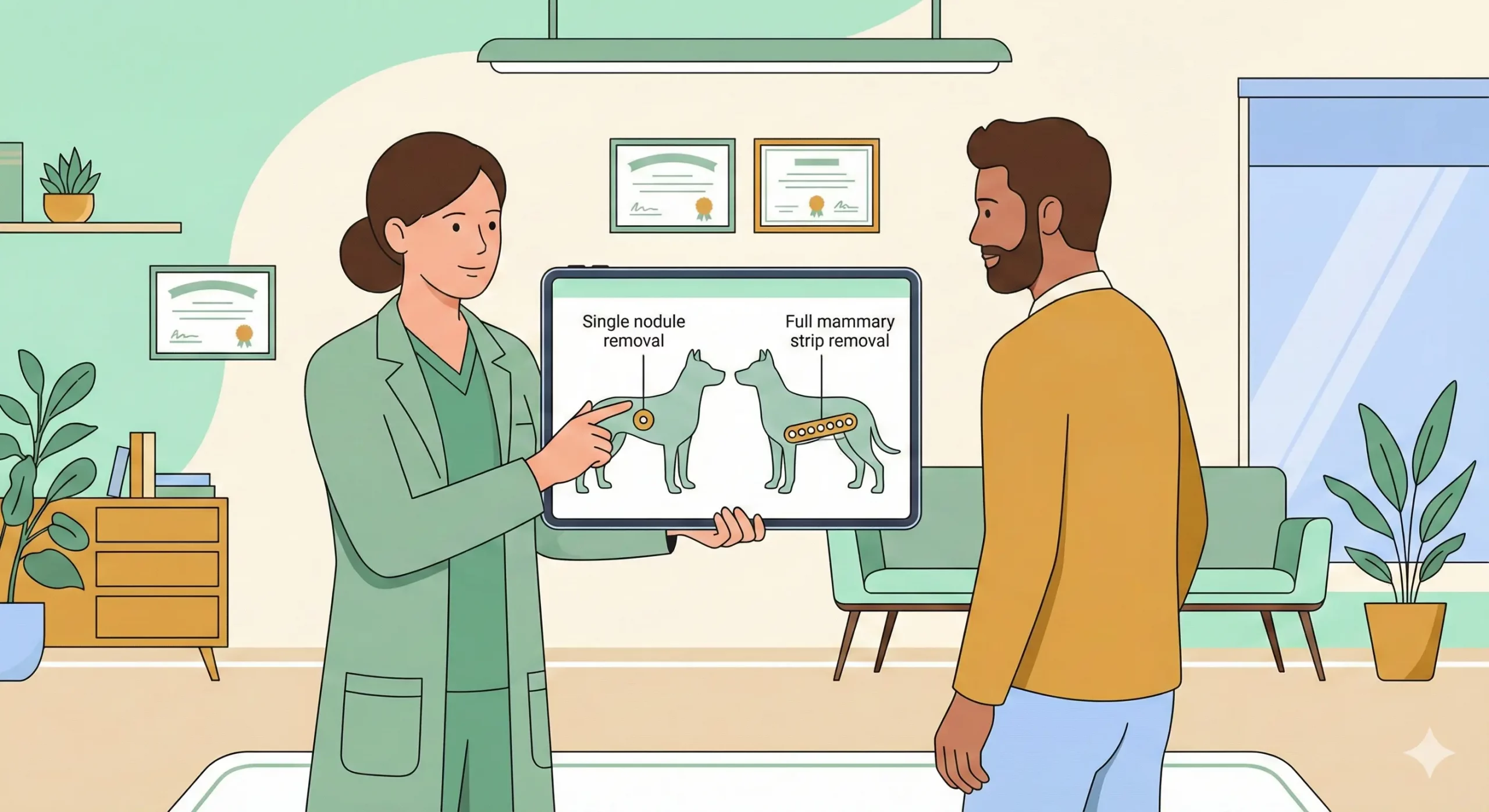 Veterinario chirurgo che spiega le tecniche di mastectomia radicale a un proprietario usando un modello anatomico.