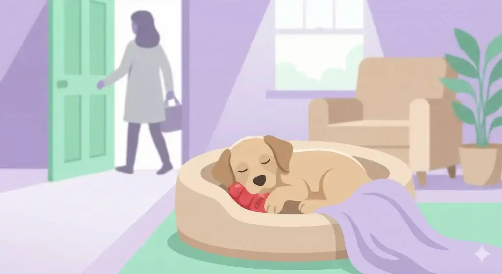 Illustrazione vettoriale flat design di un cucciolo che dorme sereno nella sua cuccia con un gioco vicino, mentre il proprietario esce sullo sfondo.