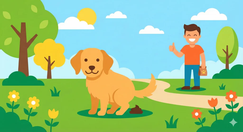 Illustrazione vettoriale flat design di un cucciolo che fa la pipì sull'erba mentre il proprietario esulta felice.