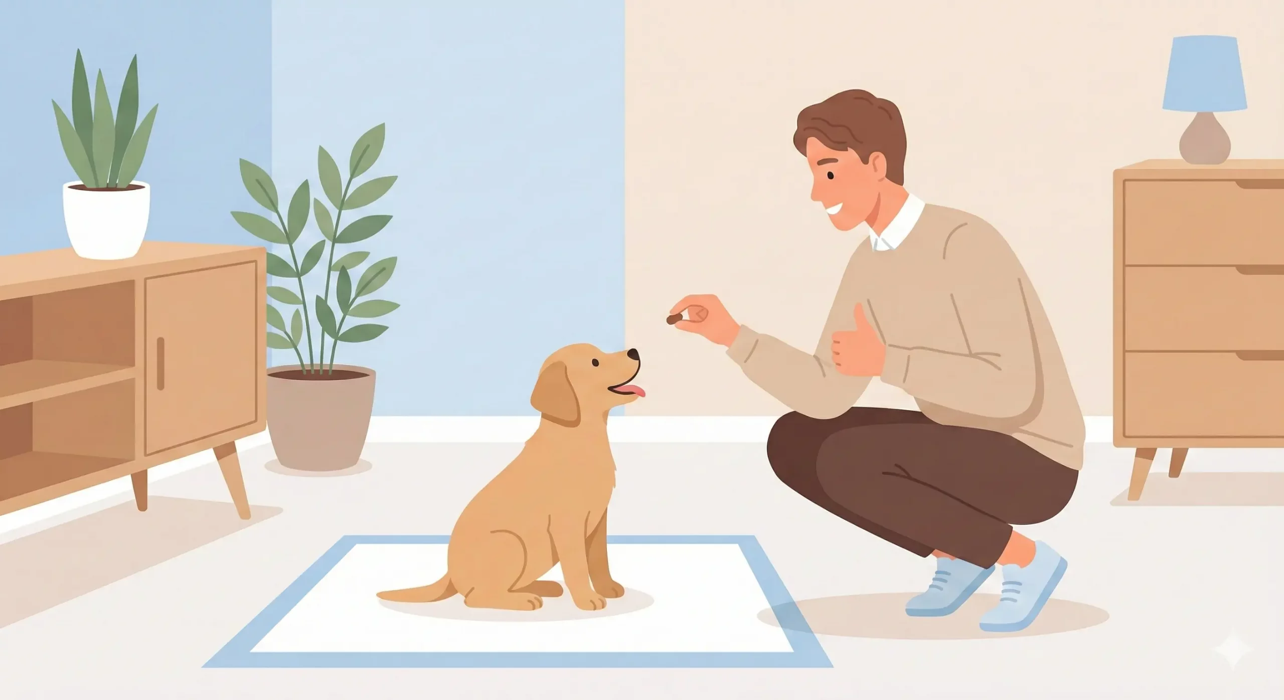 Illustrazione vettoriale flat design di un cucciolo che fa i bisogni su una traversina in casa mentre il proprietario lo loda.