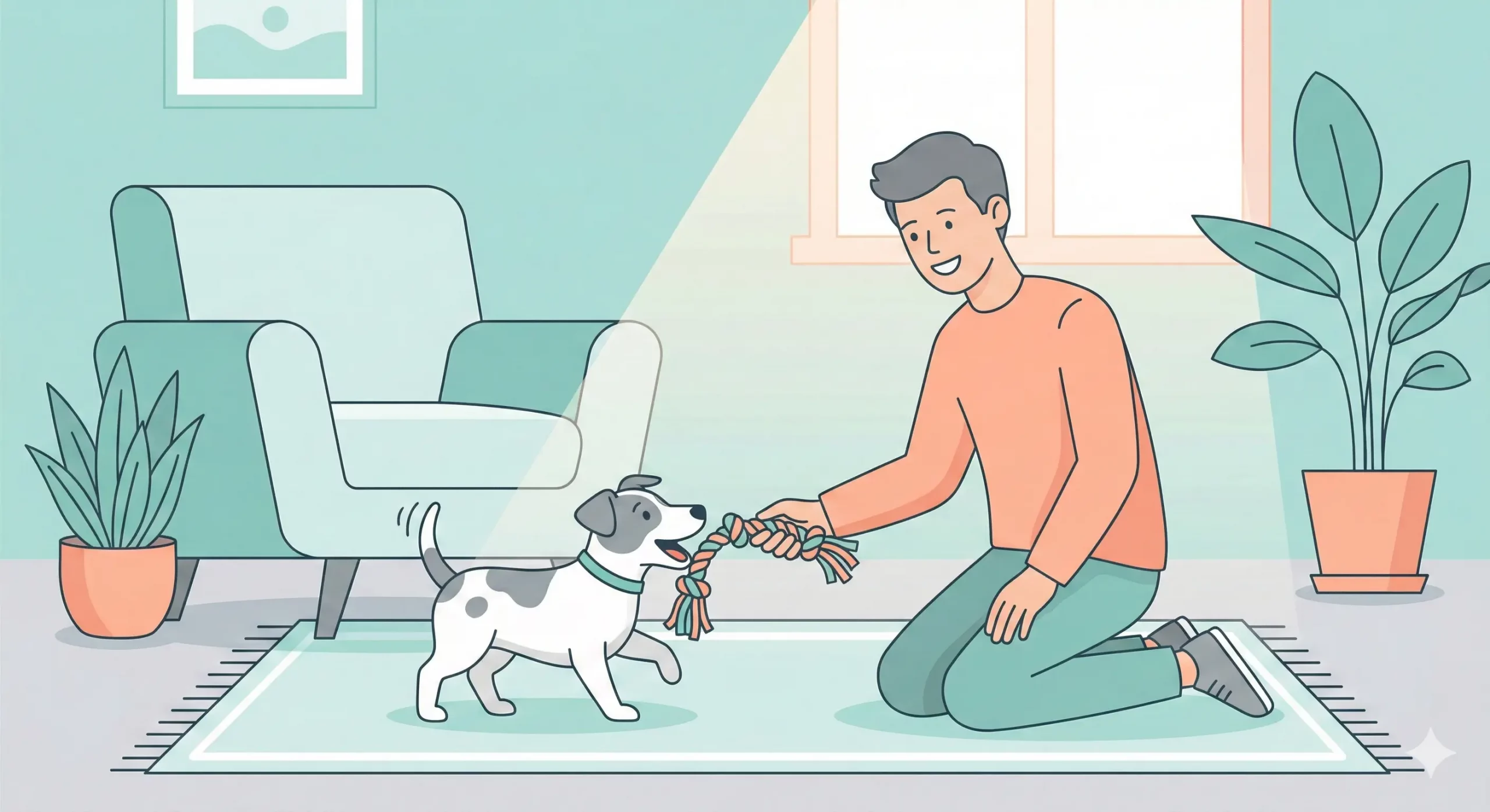 Illustrazione vettoriale flat design di un proprietario che reindirizza il morso di un cucciolo su un giocattolo colorato.