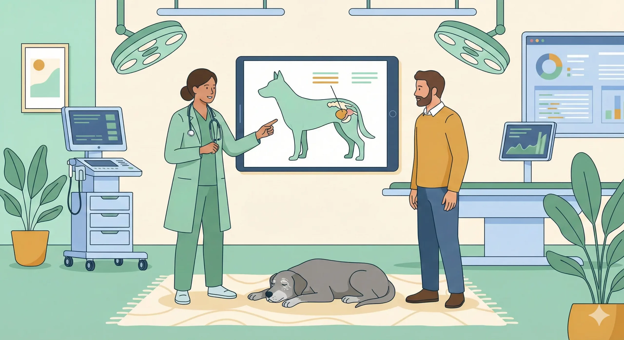 Veterinario che spiega la diagnosi prostatica a un proprietario usando un tablet in una clinica moderna.