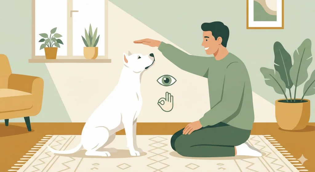 Proprietario che usa un segnale manuale per insegnare il comando seduto a un cane sordo