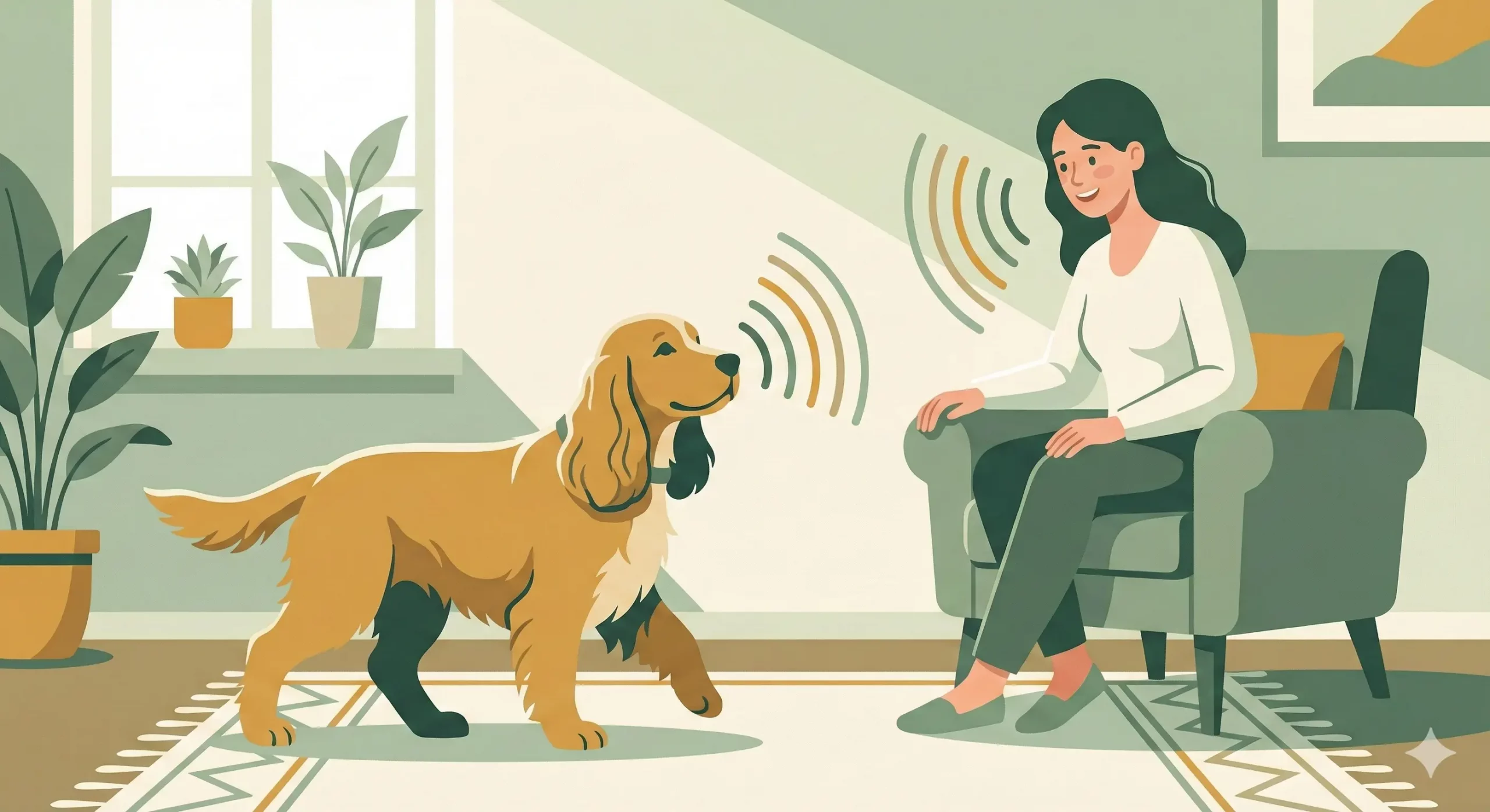 Cane non vedente cammina con sicurezza in casa seguendo la voce della sua proprietaria