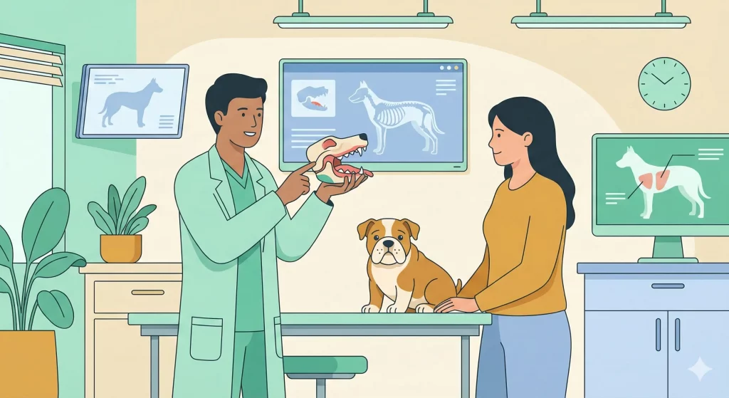 Veterinario che spiega a un proprietario i dettagli tecnici della chirurgia per il labbro leporino del cucciolo