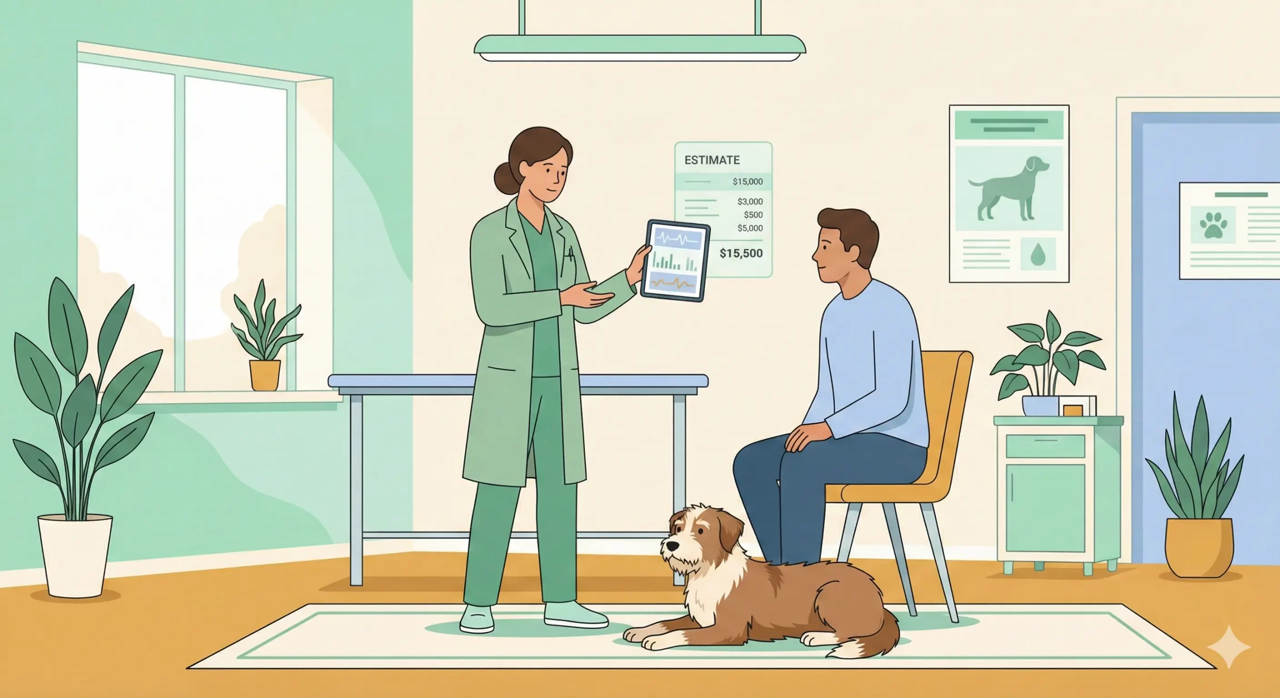 Veterinario che illustra un piano di cura e i relativi costi per un tumore alla vescica a un proprietario in clinica
