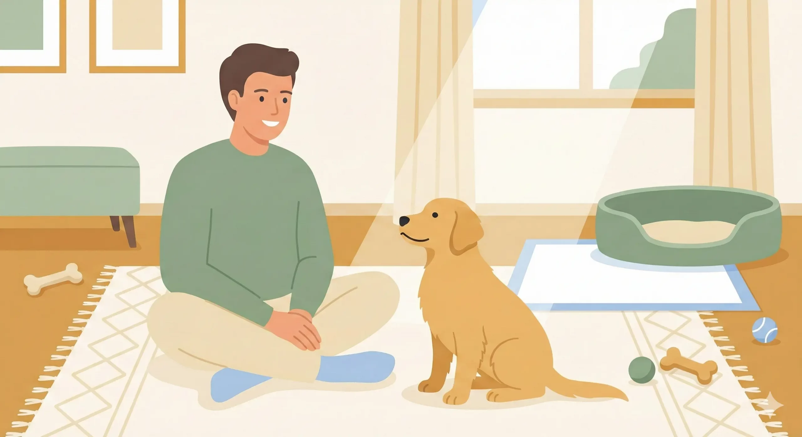 Proprietario che educa un cucciolo di cane in casa usando rinforzo positivo e premi alimentari